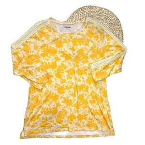 Lands' End Yellow Floral Long Sleeve Crocheted Detail Shirt Top Size Large